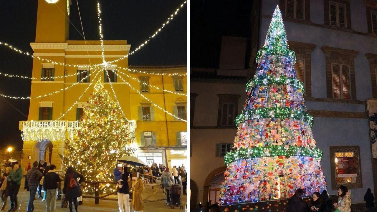 l’albero di piazza XX Settembre, davanti al Comune, e a destra quello di fronte alla sede della Fondazione Pisa