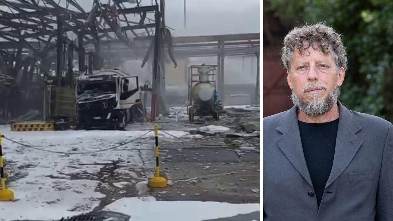 Il deposito Eni dopo l'esplosione e il sindaco di Calenzano, Giuseppe Carovani