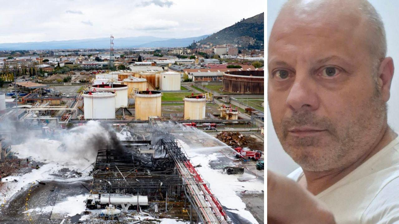 Il deposito Eni dopo l'esplosione e una delle vittime, Vincenzo Martinelli