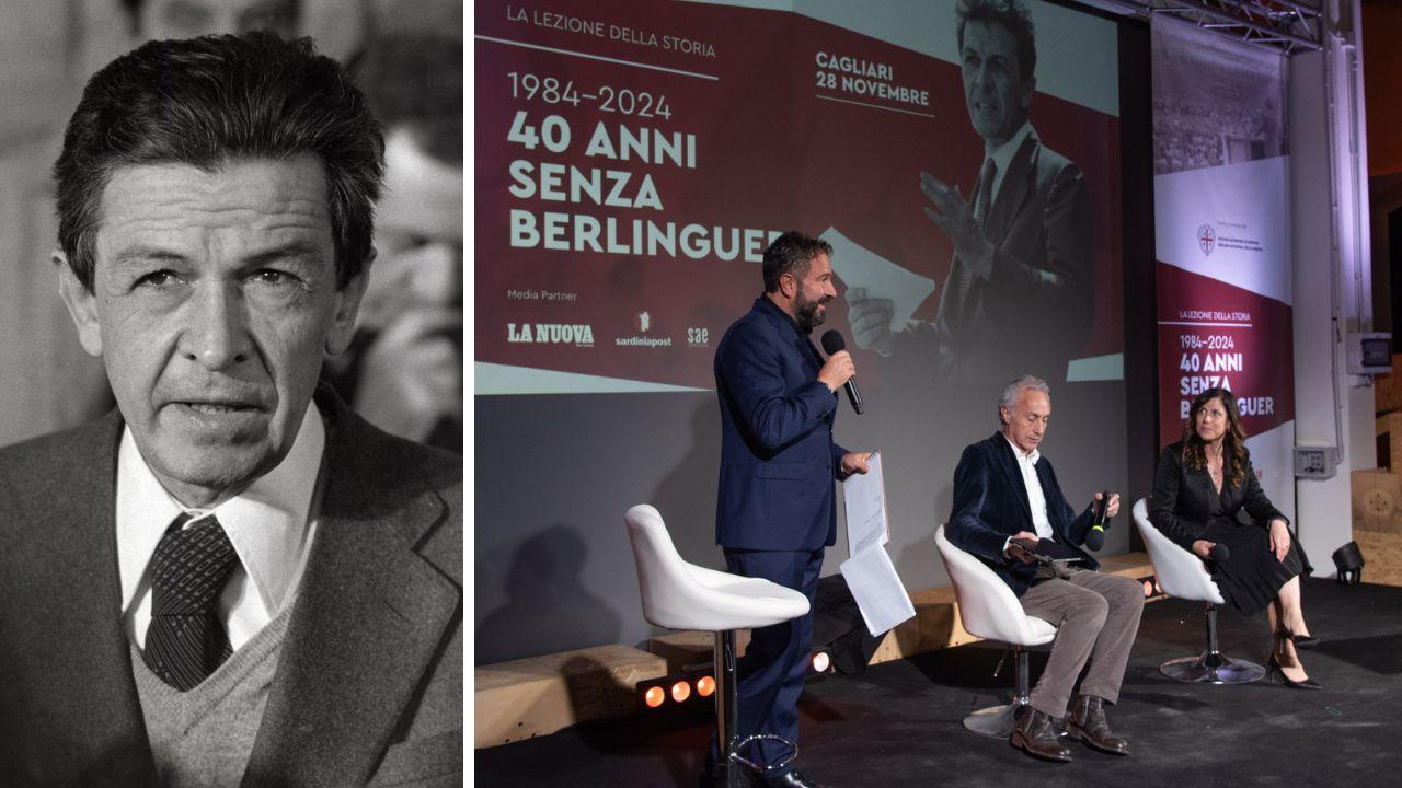 Enrico Berlinguer e a destra uno scatto dell'evento di Cagliari con Luciano Tancredi, Alessandra Todde e Marco Travaglio