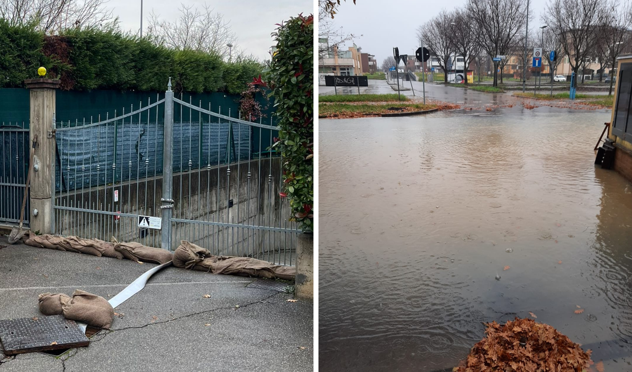 
	I sacchi davanti a una&nbsp;casa&nbsp;e la strada allagata a Montale

