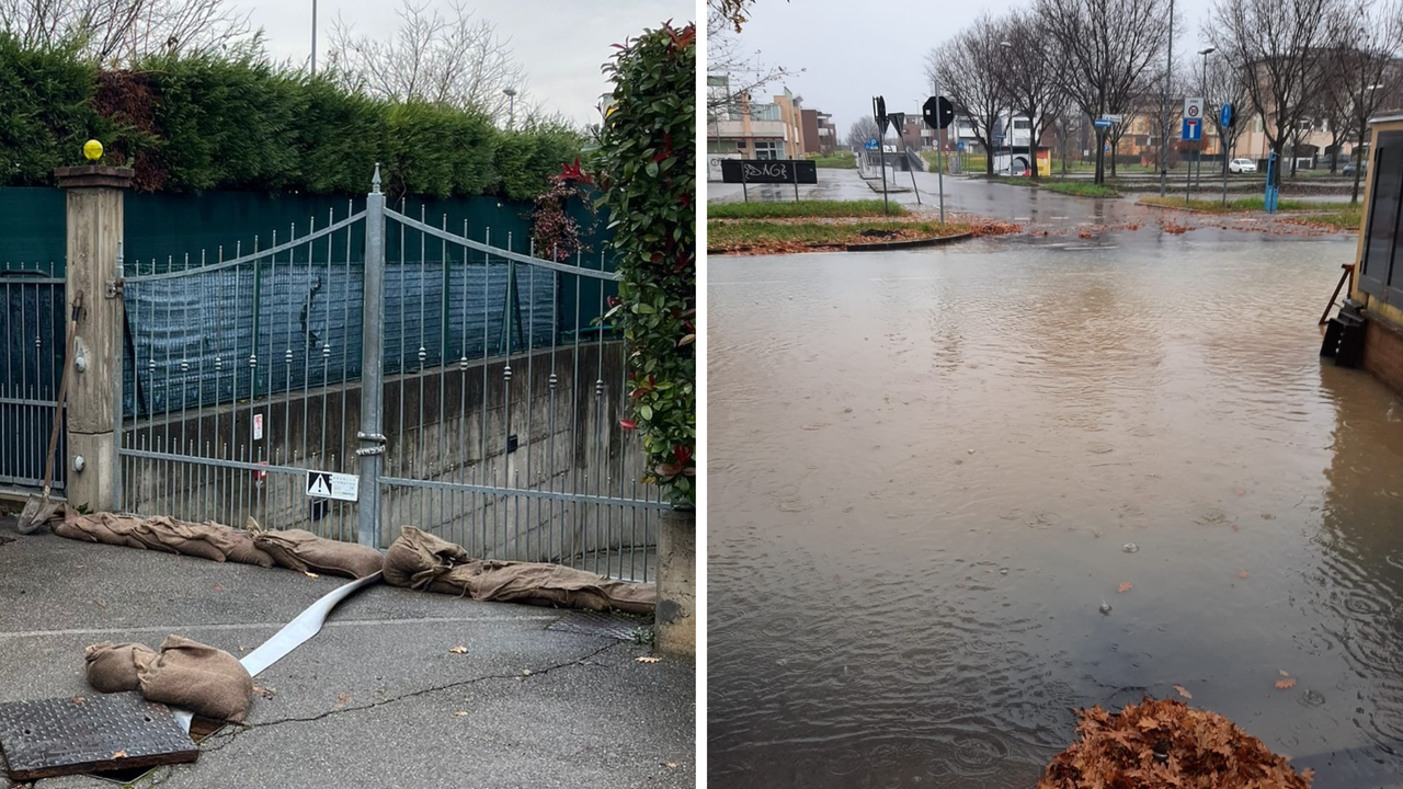 I sacchi davanti a una casa e la strada allagata a Montale