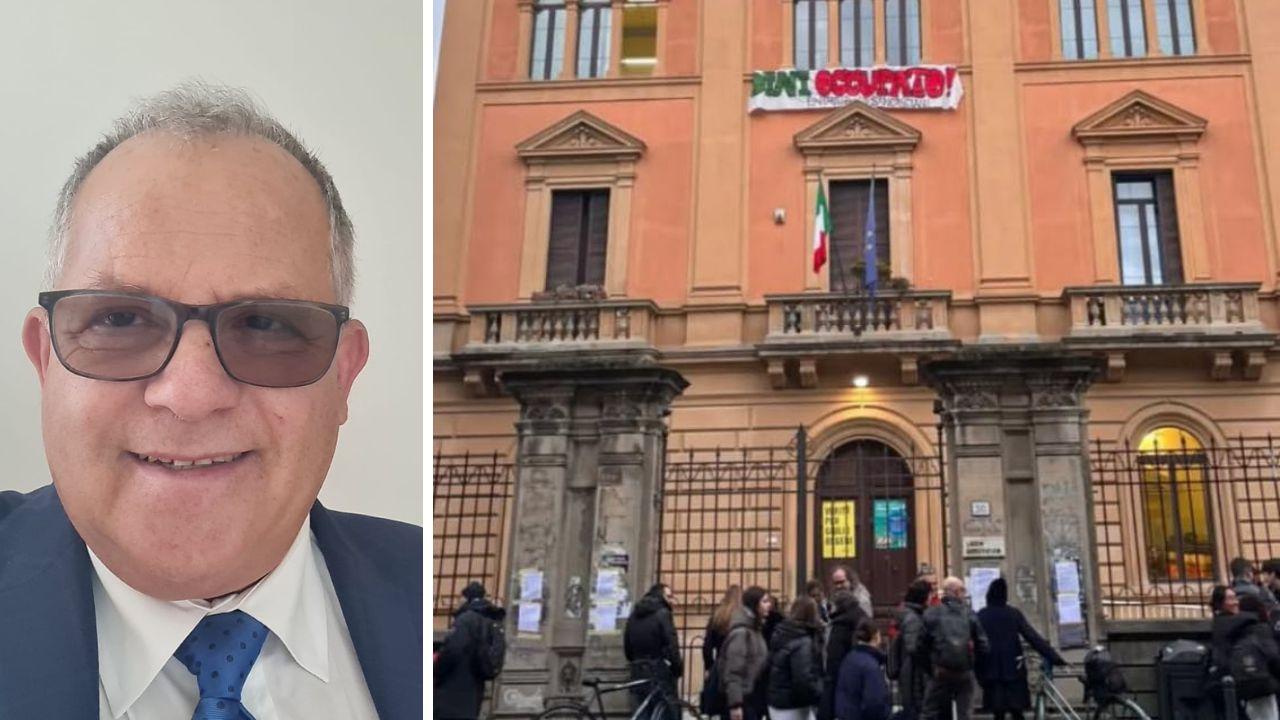 Salvatore Caruso dirigente scolastico dell’Ipsar Matteotti di Pisa e presidente del Co.di.sco (Coordinamento dei dirigenti scolastici). A sinistra il liceo Dini occupato da martedì scorso