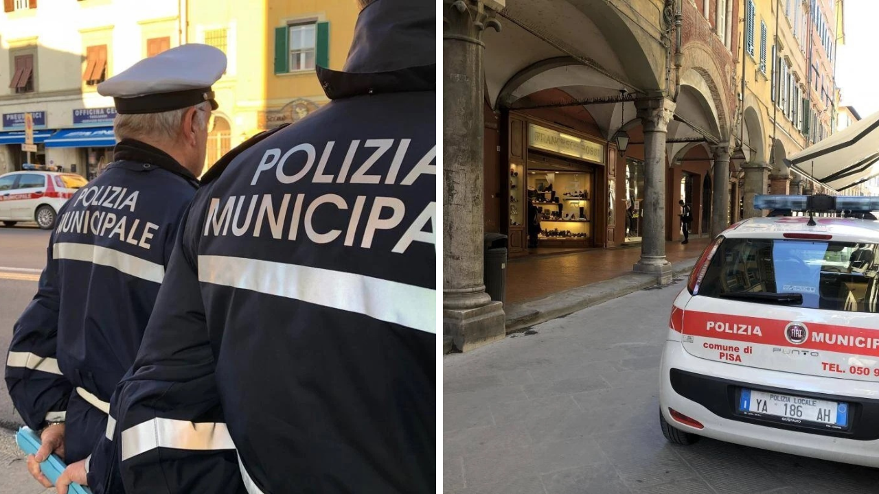 Nelle foto alcuni agenti di polizia municipale e, a destra, una pattuglia in Borgo Stretto