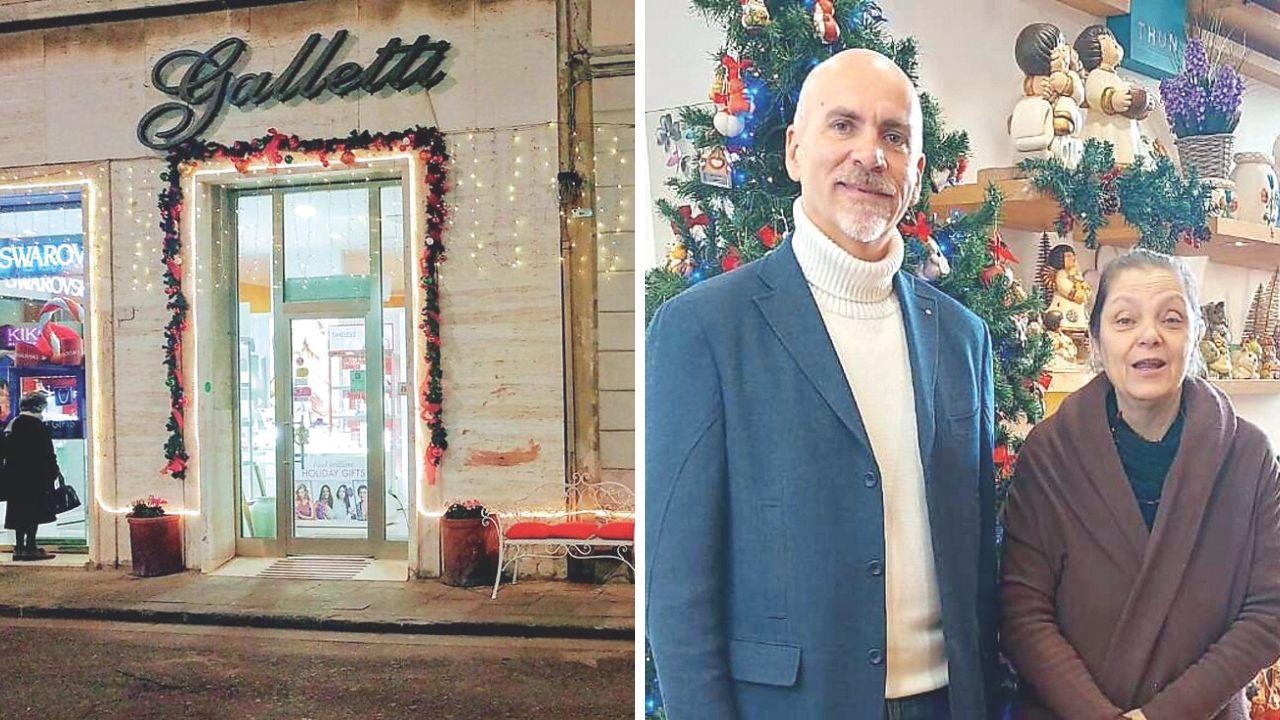 L’esterno del negozio e il saluto dell’assessore al commercio Alessandro Puccinelli a una delle titolari Antonella Galletti