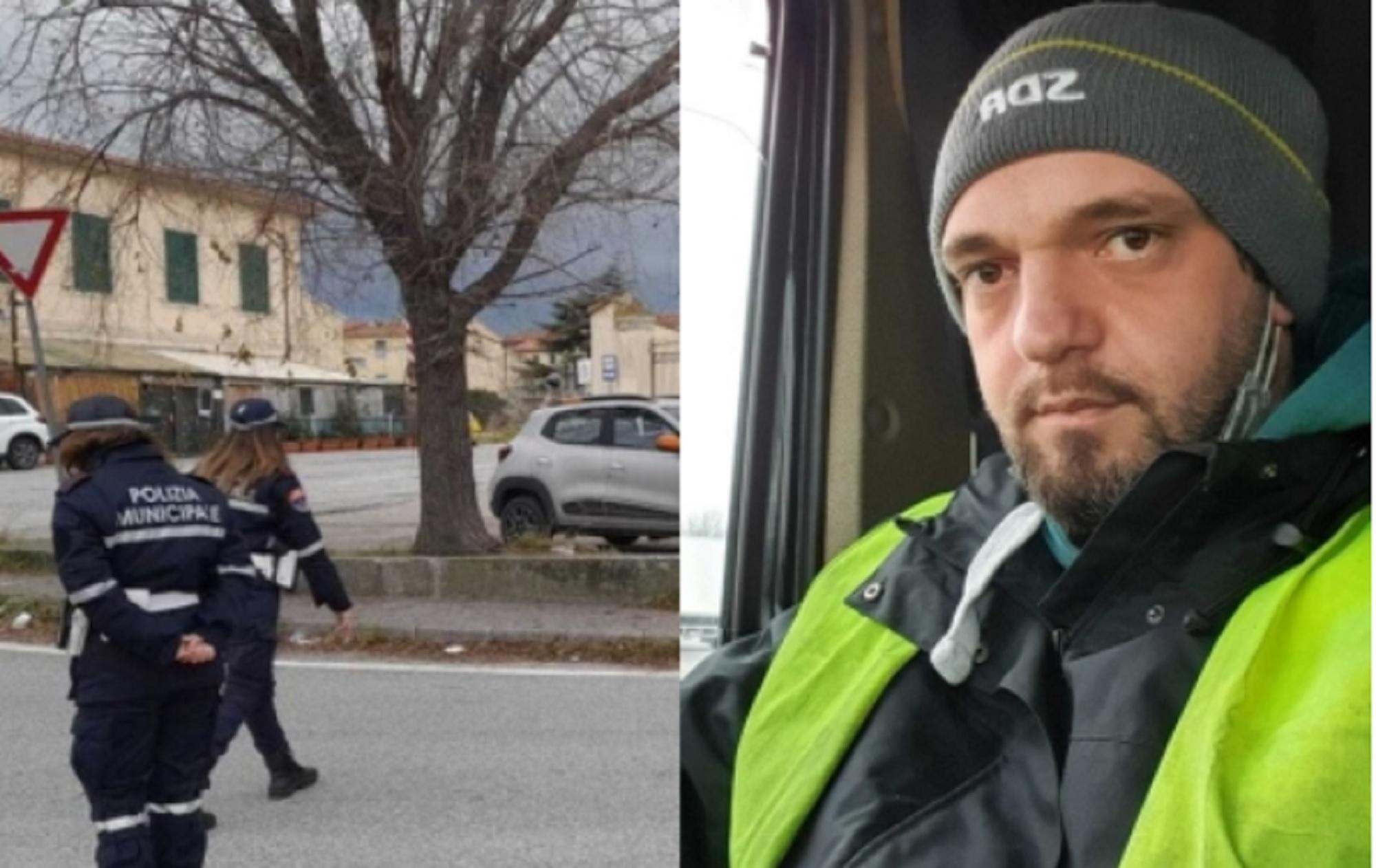 A sinistra due agenti locali durante un sopralluogo post-incidente all'incrocio, a destra Stefano Lenzi, il camionista di 36 anni grave in ospedale