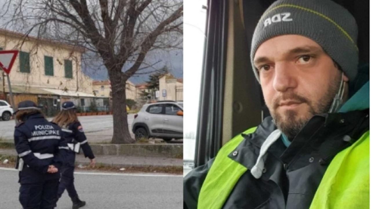 A sinistra due agenti locali durante un sopralluogo post-incidente all'incrocio, a destra Stefano Lenzi, il camionista di 36 anni grave in ospedale