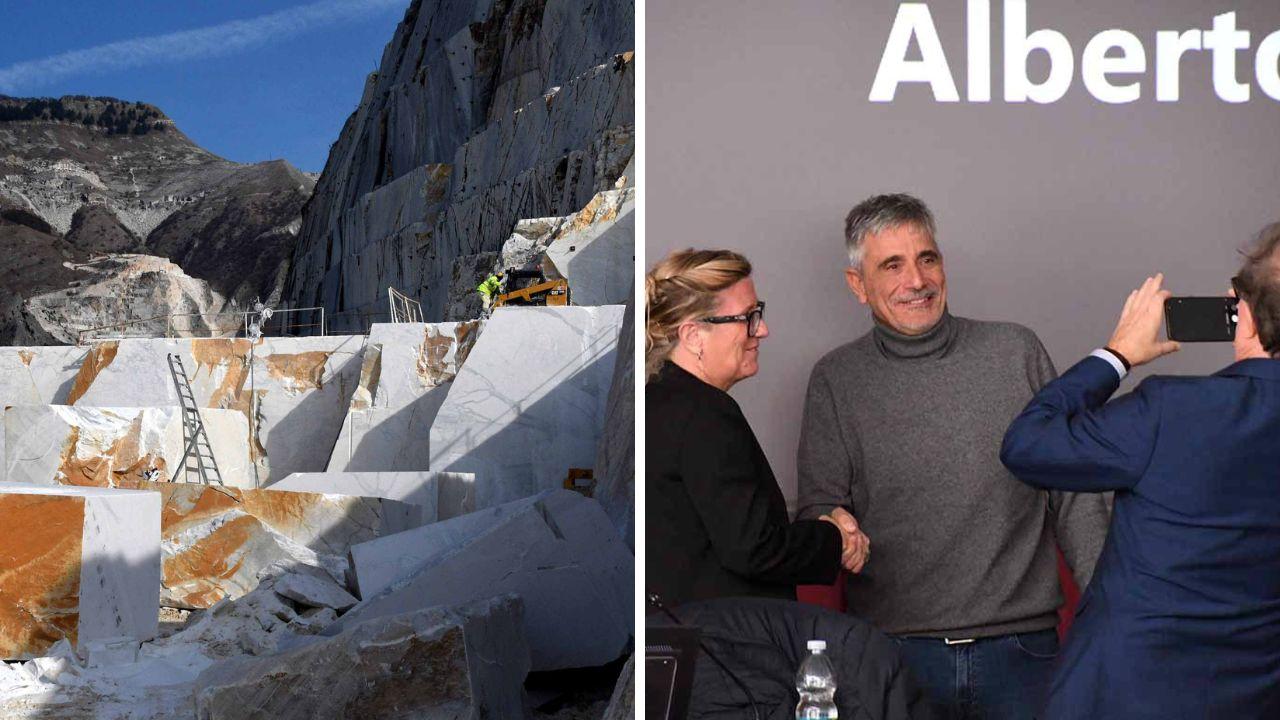 La stretta di mano tra Fabrizio Santucci e la sindaca Serena Arrighi al forum del Tirreno dello scorso mese e, a destra uno scorcio delle cave