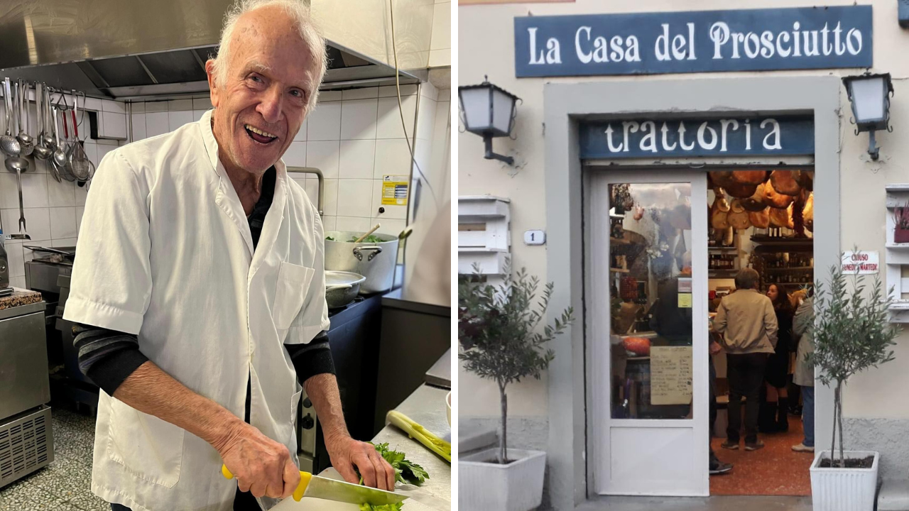 
	Gino Ugolini e l'ingresso della trattoria&nbsp;

