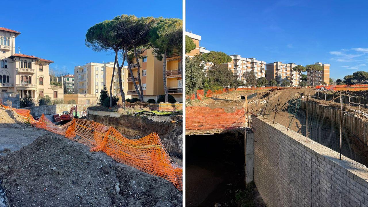 il cantiere allestito nel 2022 in via Toti ieri mattina, lunedì 16 dicembre, e il cantiere in via dei Pensieri