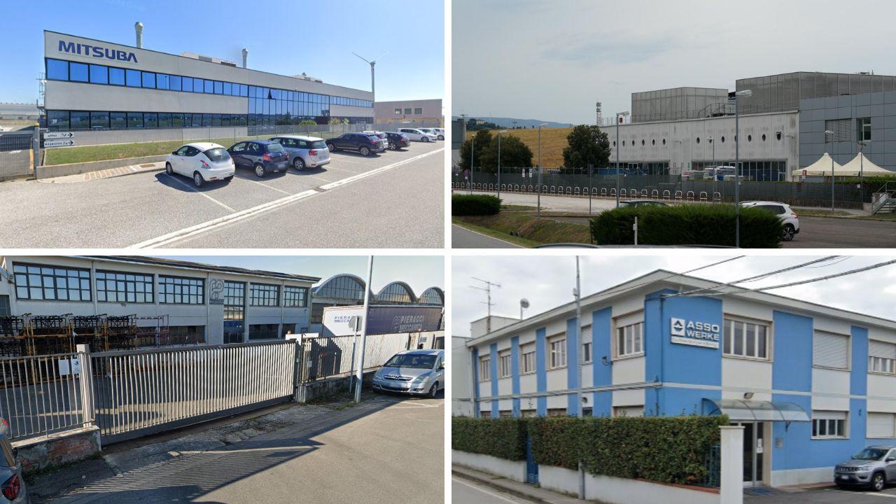 Dall’alto a sinistra in senso orario le sedi di Mitsuba a Pontedera, Dumarey ad Acciaiolo, Pieracci Meccanica e Asso Werke a Fornacette