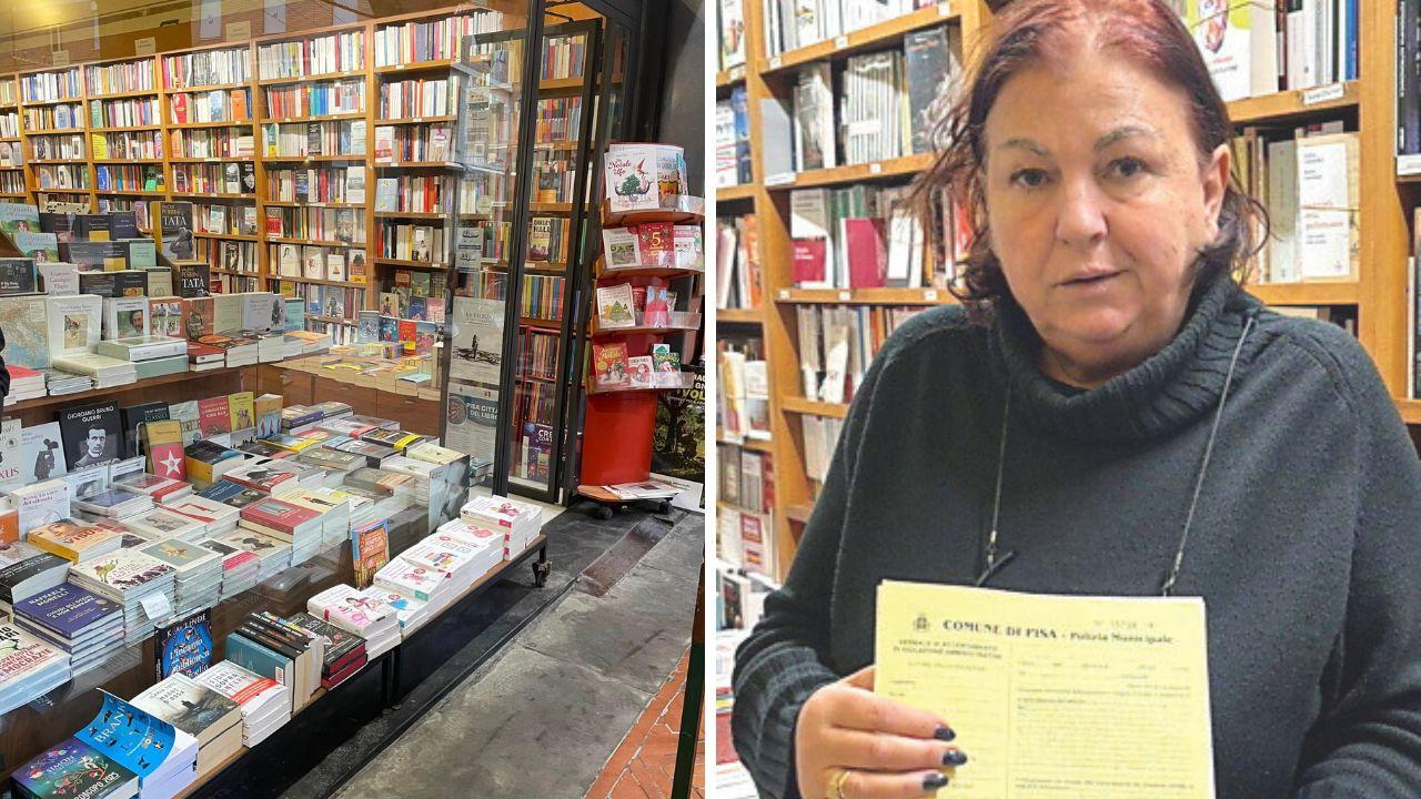 L'ingresso della libreria Ghibellina (foto Facebook) e Rimedia Deffenu, una delle titolari, che mostra la multa