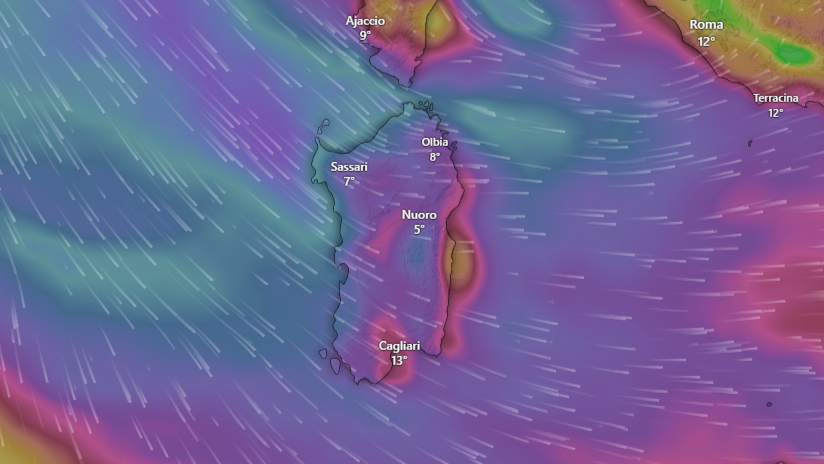 La mappa dei venti in tempo reale sulla Sardegna