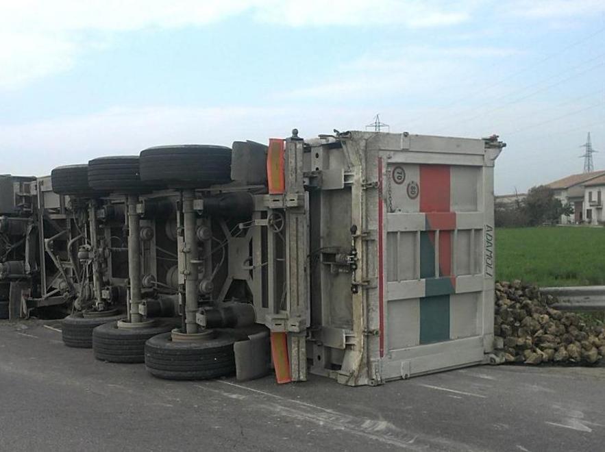 Camion carico di barbabietole si ribalta sulla rotatoria