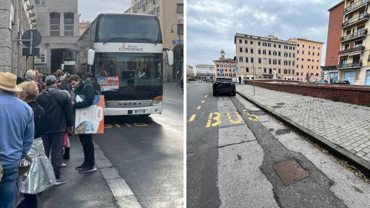 A sinistra bus turistici in via Cogorano a destra la fermata di via degli Avvalorati (Foto di Franco Silvi)