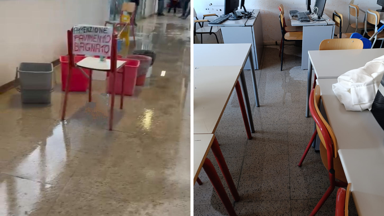 Un corridoio e una classe con il pavimento e le pareti bagnate dalle infiltrazioni all’Agrario