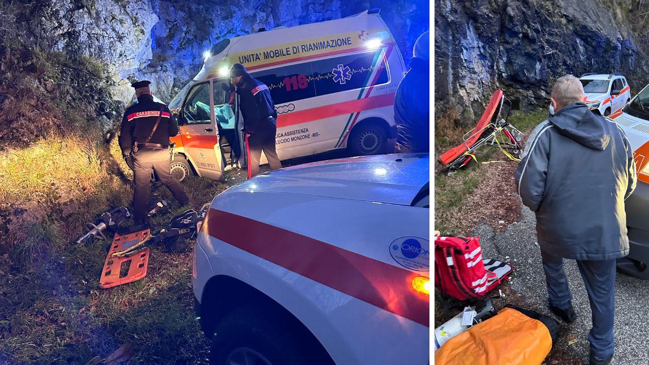 
	L'ambulanza dopo lo schianto contro il costone roccioso e la barella su cui era trasportata la vittima

