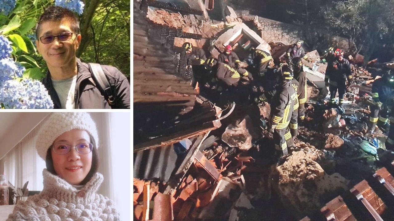 Sopra Seetoh Kwok Meng, sotto Kai En Chang. A dx la villa dopo l'esplosione