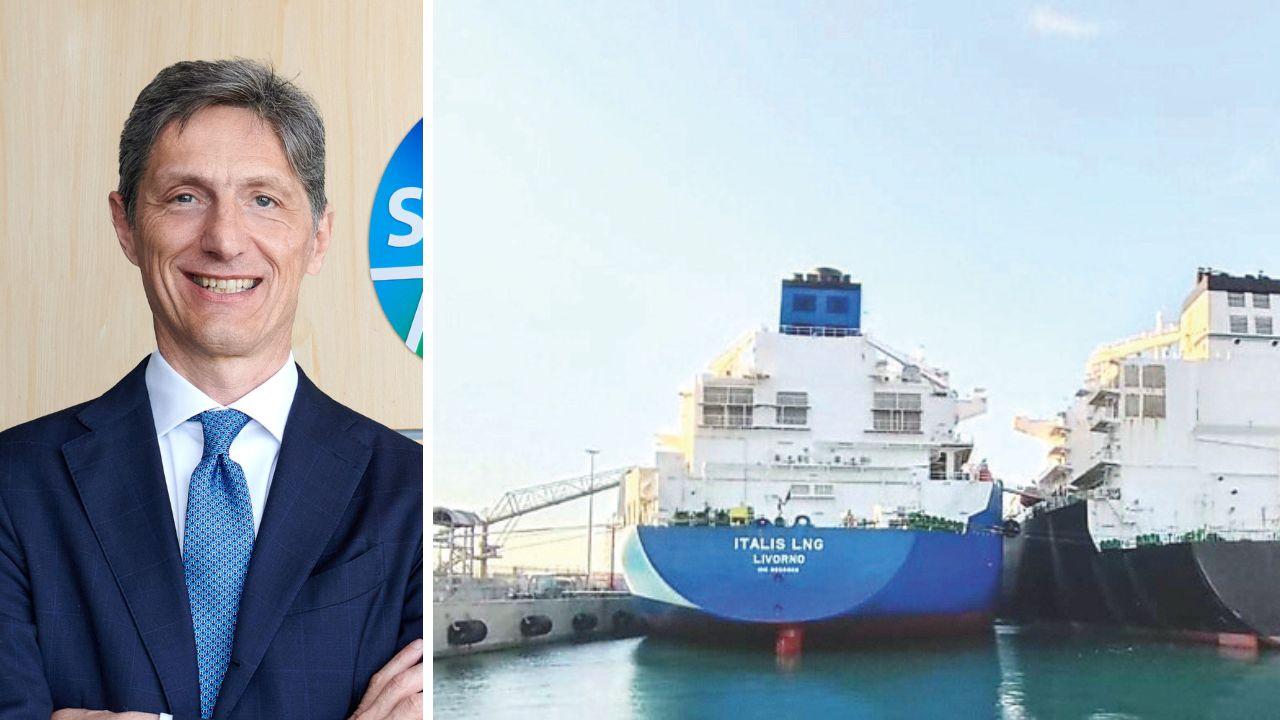 
	Stefano Venier amministratore delegato di Snam e l&rsquo;Italis Lng in porto affiancata dalla metaniera Ougarta

