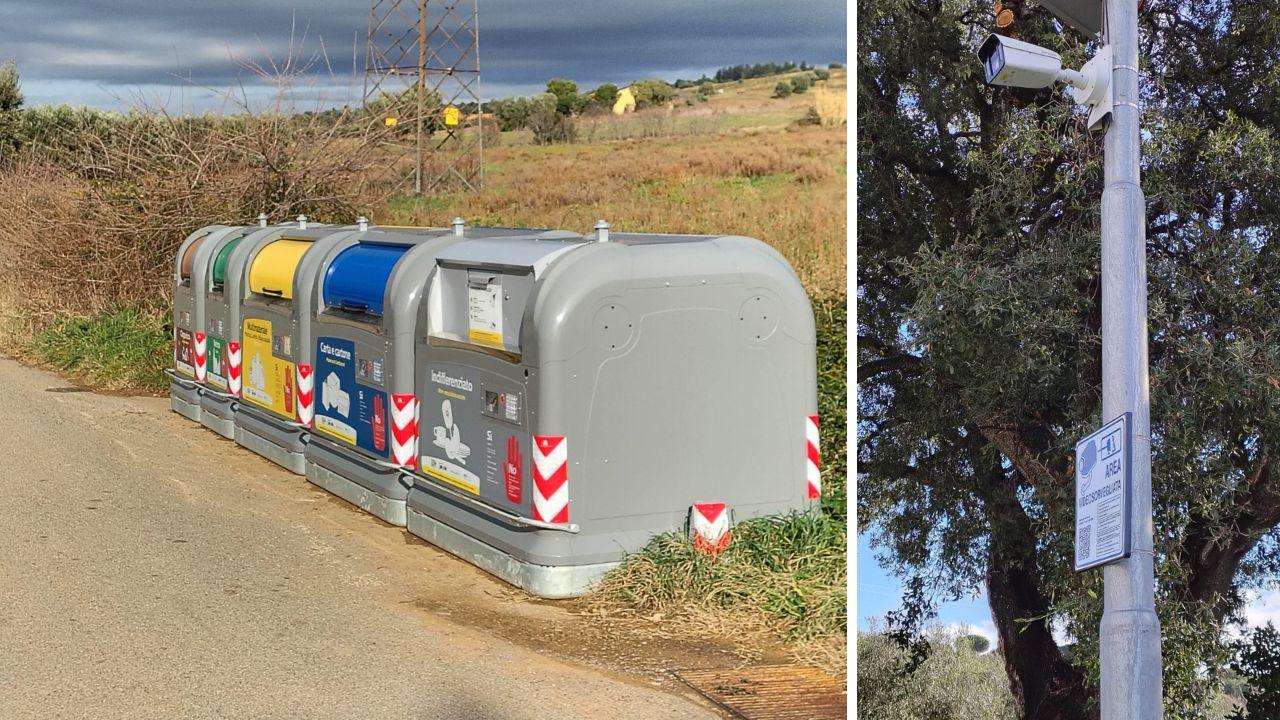 Cassonetti nella strada comunale del Grancia e il cartello che avvisa della presenza di telecamere