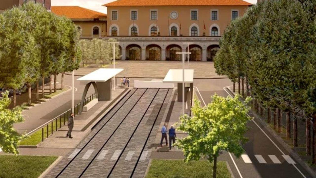 Sopra una simulazione grafica della fermata della tramvia di fronte alla Stazione Centrale dove il progetto prevede l’arrivo delle linee Duomo e Cisanello