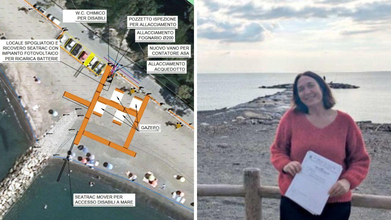 La piantina della spiaggia a progetto realizzato  (Foto dal sito Tobea che ha il brevetto) e l’assessora Salvadori