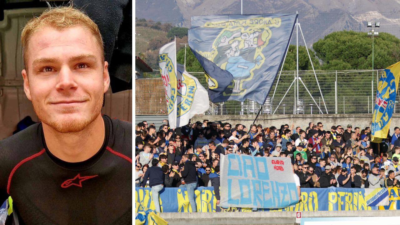 
	Lorenzo Iacazzi e lo striscione dei tifosi della Carrarese dedicato a lui

