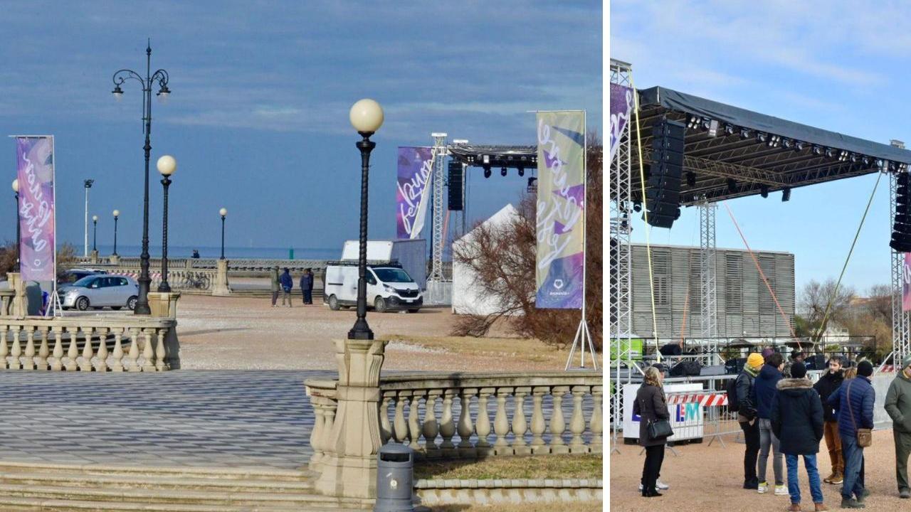 L'allestimento del palco per la festa di San Silvestro alla Terrazza Mascagni
