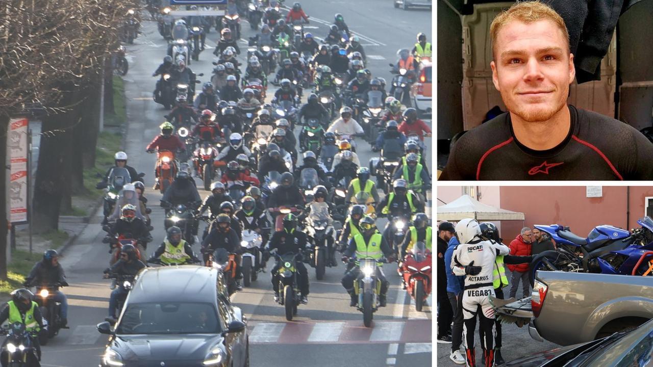 Le moto, un momento del funerale e Lorenzo (foto-servizio Matelli/Cuffaro)