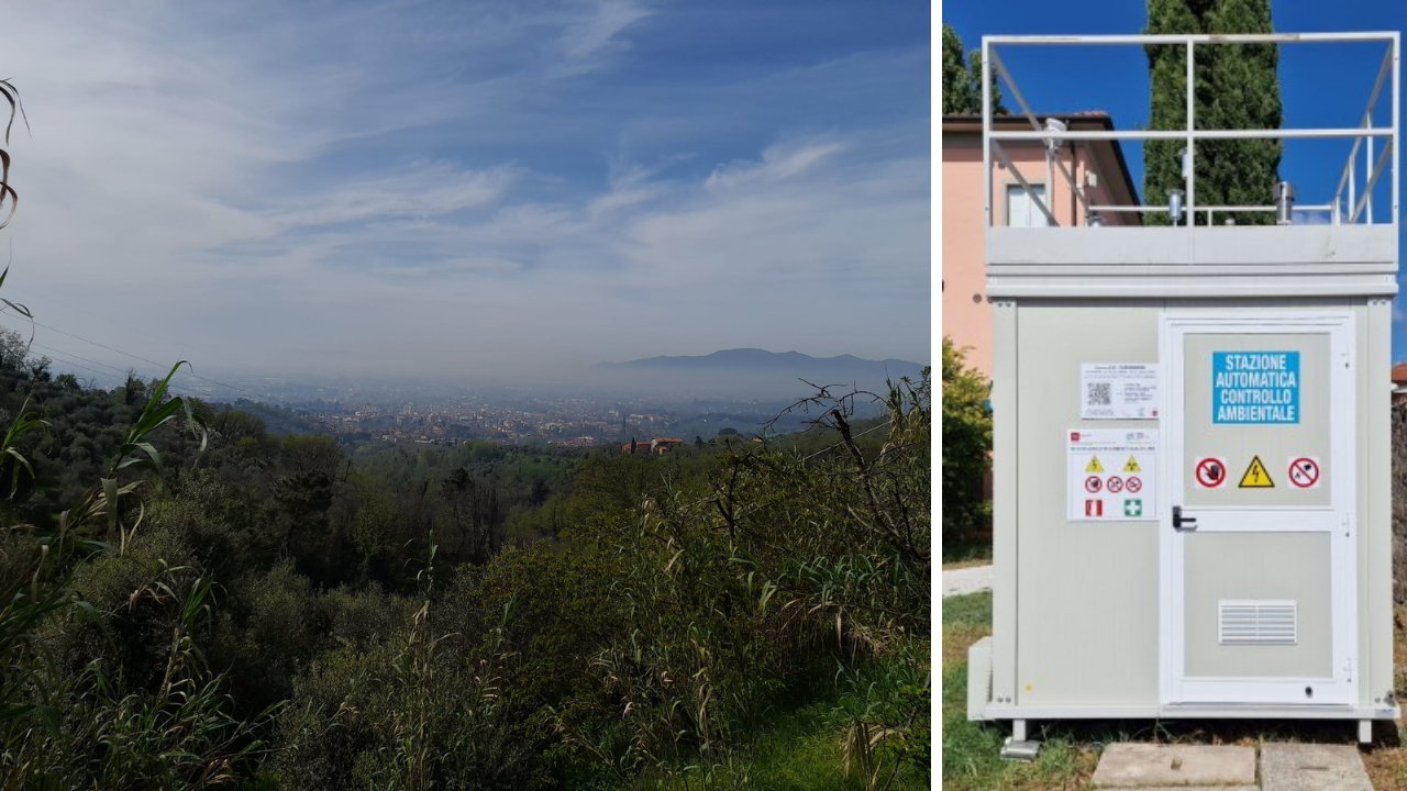 A sinistra una veduta della Valdinievole e a destra la centralina Arpat di via Piaggia a Capannori