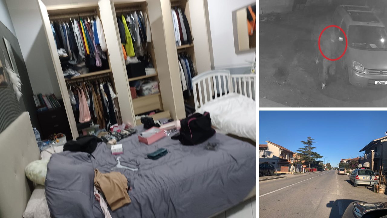 A sinistra la camera da letto messa a soqquadro dai ladri nell’ultimo furto in via Batignanese. A destra il ladro ripreso dalle telecamere e la strada di Roselle