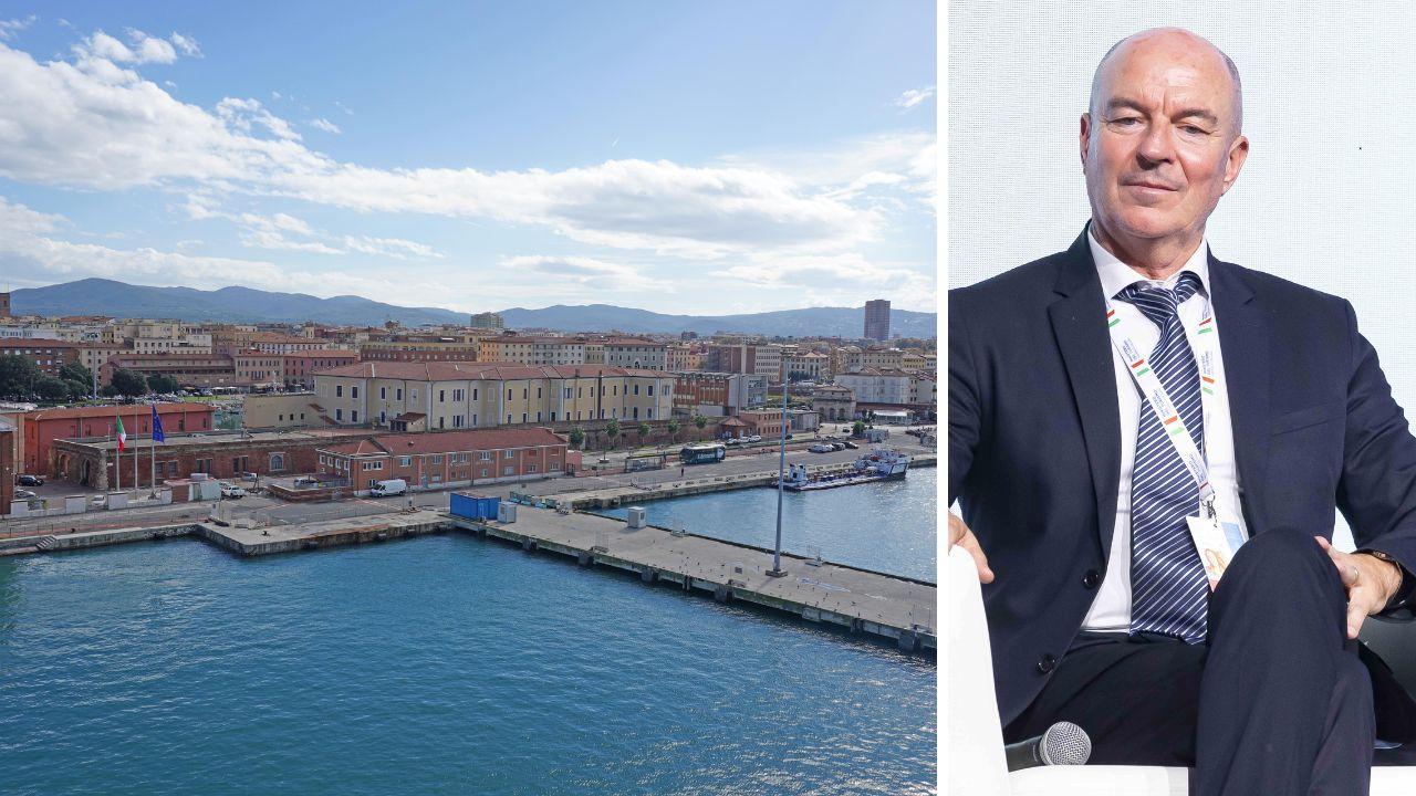 Una veduta del porto di Livorno e il sindaco Salvetti (foto Silvi)
