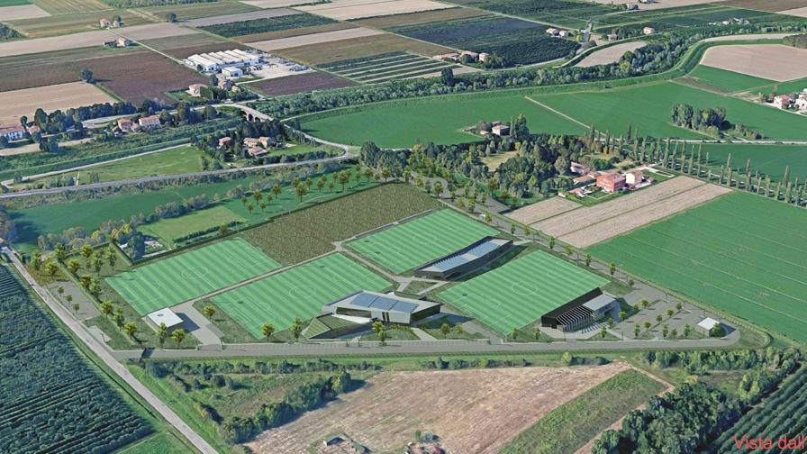 Un nuovo, inedito, rendering che mostra dall’alto il centro sportivo