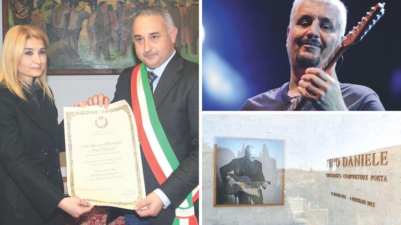 
	<br />
	La consegna della cittadinanza onoraria post mortem a Pino Daniele da Diego Cinelli alla figlia del cantautore, Cristina Daniele e&nbsp;Pino Daniele in concerto e in basso un dettaglio della tomba del cantautore al cimitero di Magliano (foto d&rsquo;archivio Enzo Russo)

