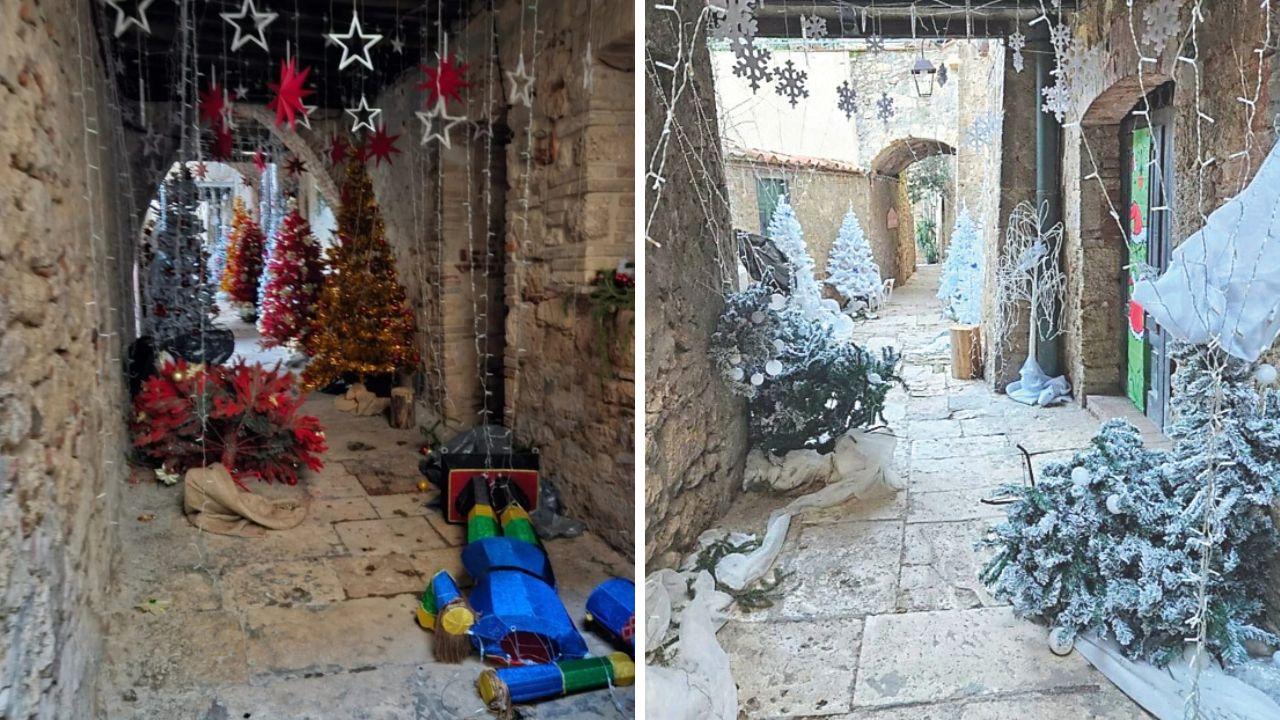 Alcuni dei danni che ha subito la Casina di Babbo Natale nel vicolo Porte