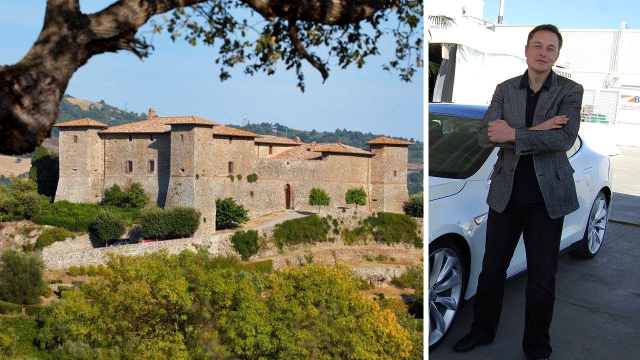  Elon Musk accanto a una Tesla. Il castello di Montepò nel comune di Scansano