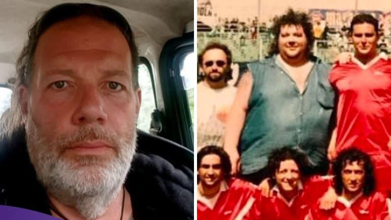 Massimiliano Mearini in una foto attuale e a destra in una vecchia immagine (è il secondo in alto da sx) scattata al Franchi per una partita con gli ultrà