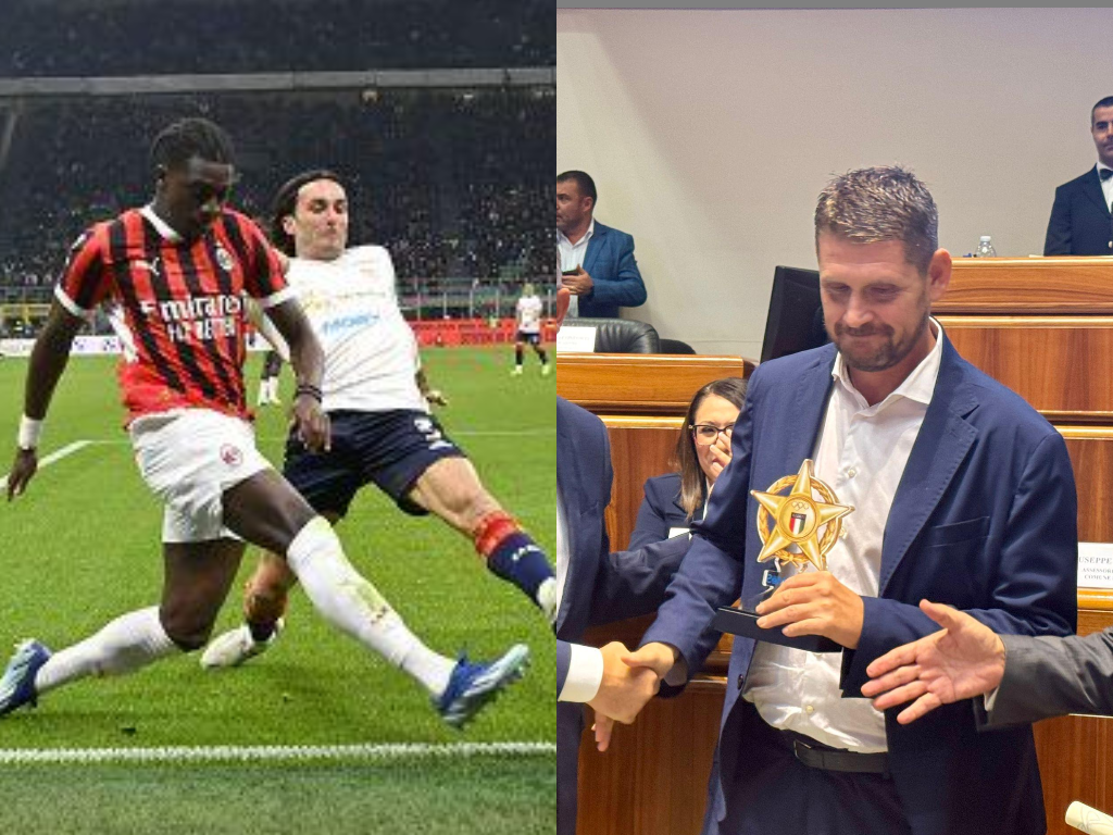 
	Un'azione della partita Milan-Cagliari e accanto Nicola Riva in consiglio regionale per una premiazione

