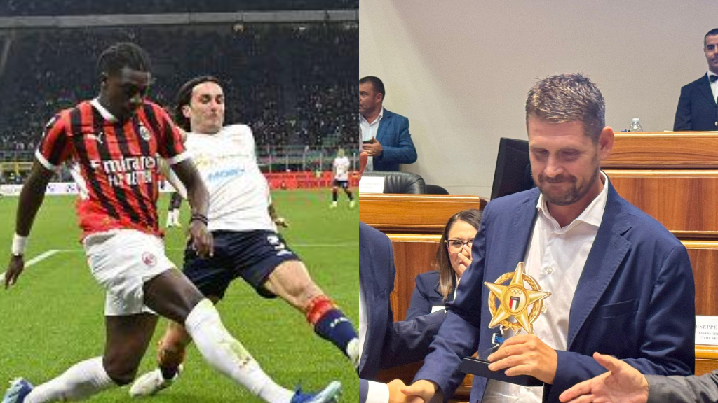 Un'azione della partita Milan-Cagliari e accanto Nicola Riva in consiglio regionale per una premiazione