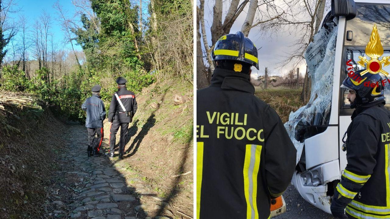 
	I danni allo scuolabus (a destra) e i carabinieri a Pescia


