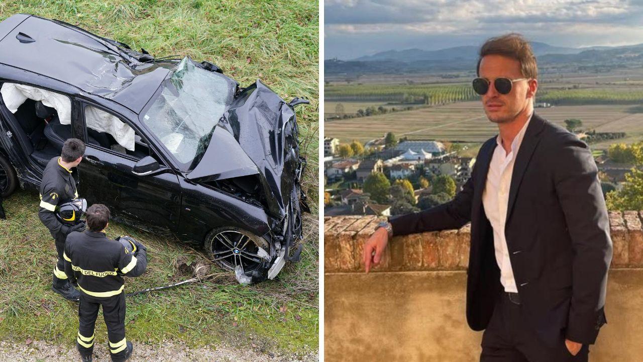 Marco Giannini e la sua auto dopo l'incidente