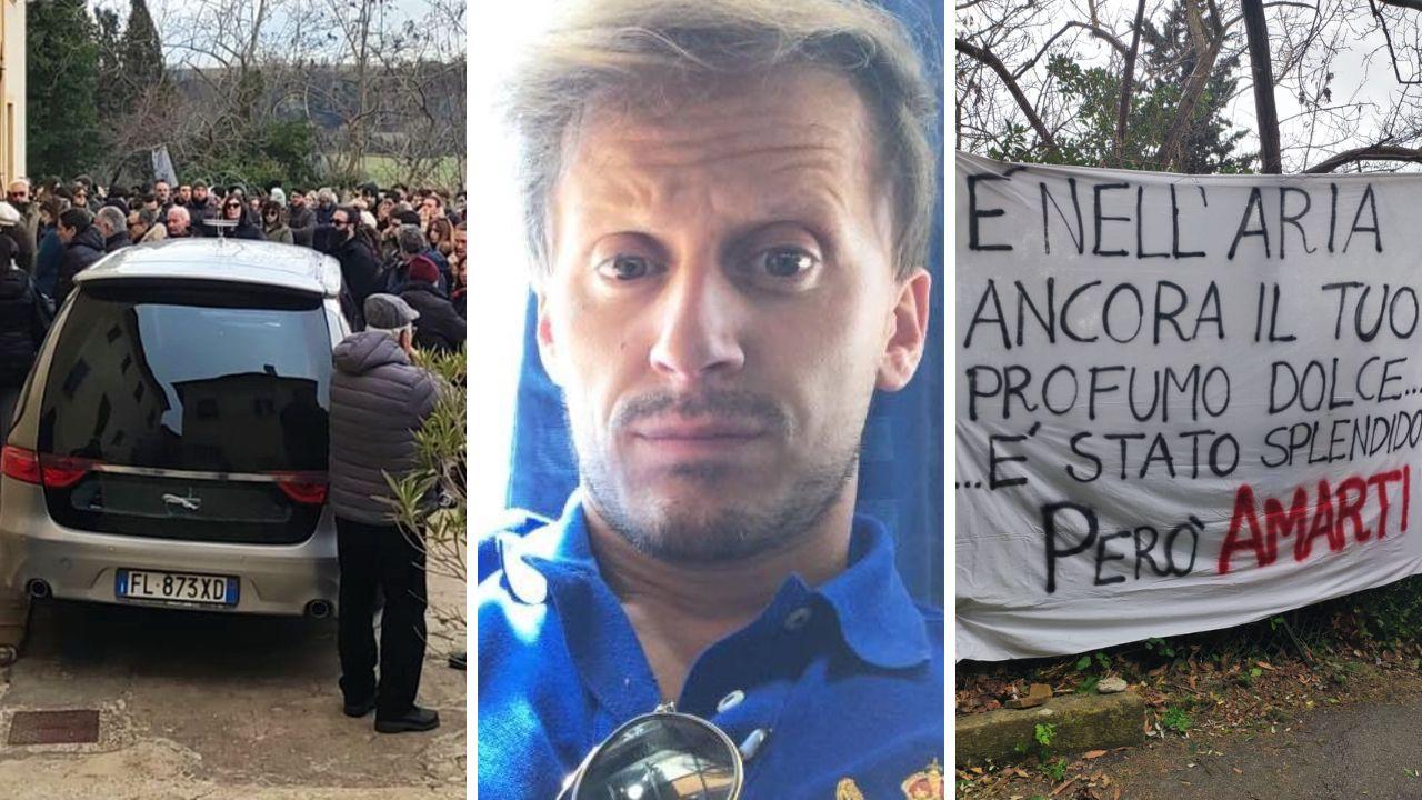 
	Due immagini del funerale e al centro Marco Giannini (Foto Bernardini/Silvi)

