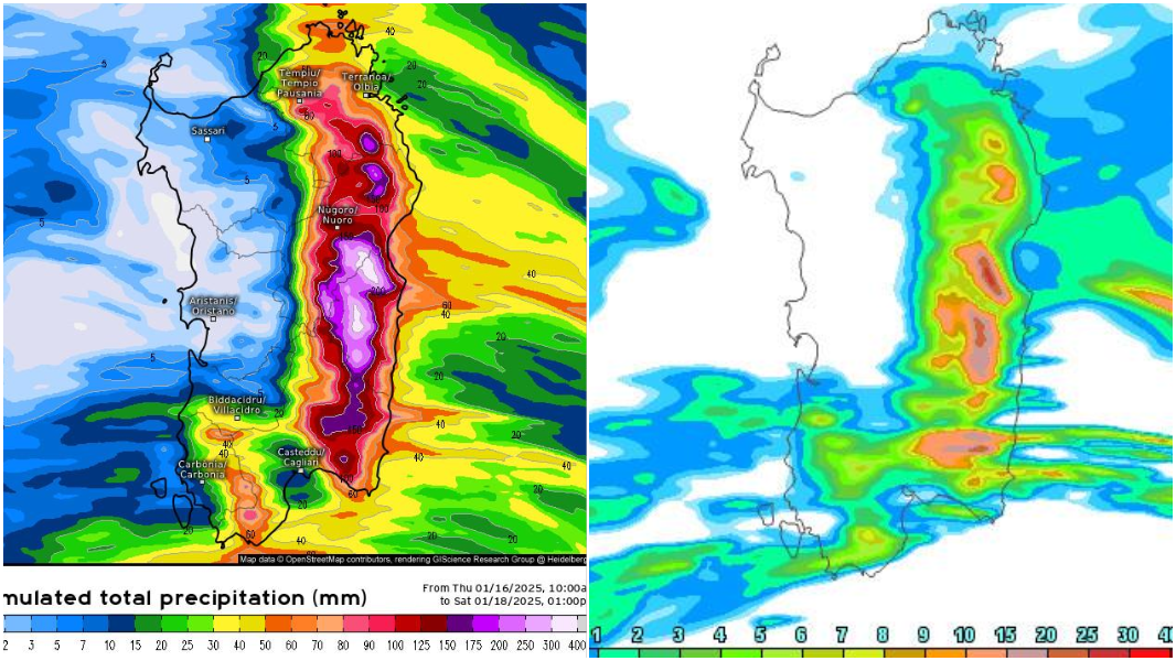 Allerta meteo in Sardegna: ecco la tempesta di Sant’Antonio. Nel Nuorese previsti 300 millimetri in 18 ore – Tutte le mappe