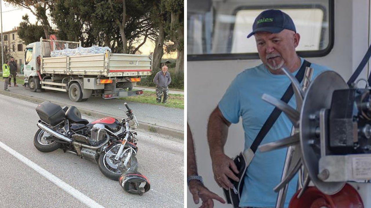 La scena dell’incidente lungo via Po (foto Falorni / Agenzia Silvi) e la vittima il 66enne Sergio Ermini