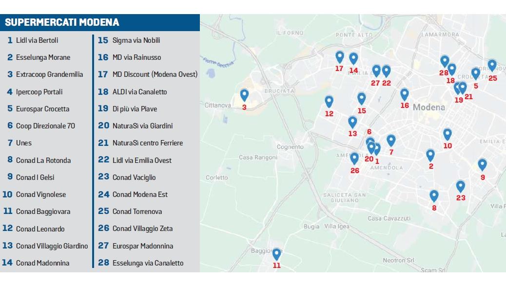 Sacca, Emilia ovest e Giardini: la “giungla” dei supermercati a Modena – La mappa