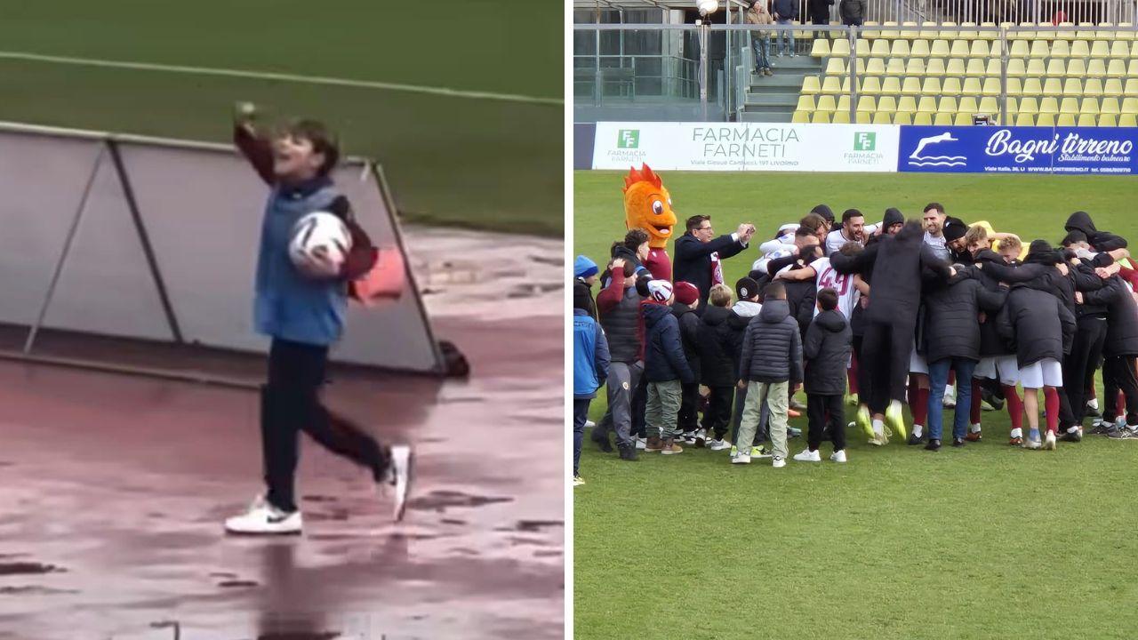 
	A sx Alessandro junior Sannino esulta dopo un gol del Livorno (<a href="https://www.instagram.com/p/DEcoQKRNmeG/">dal video di Andrea Provinciali</a>), a dx&nbsp;la festa degli amaranto

