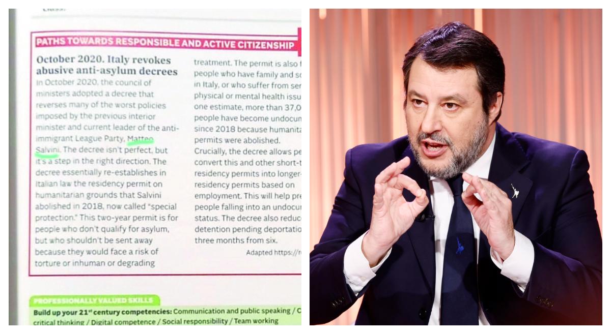 Il dettaglio del libro di testo incriminato, a destra Matteo Salvini