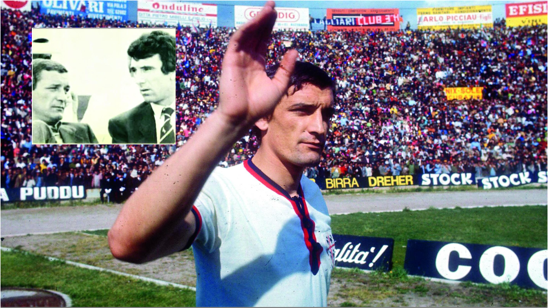 Gigi Riva in campo e nel riquadro con l'amico Dino Zoff