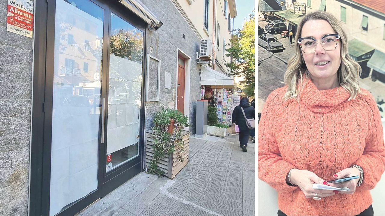 
	Una vetrina chiusa in centro e l&rsquo;assessora al commercio e al turismo del Comune di Cecina, Elena Benedetti

