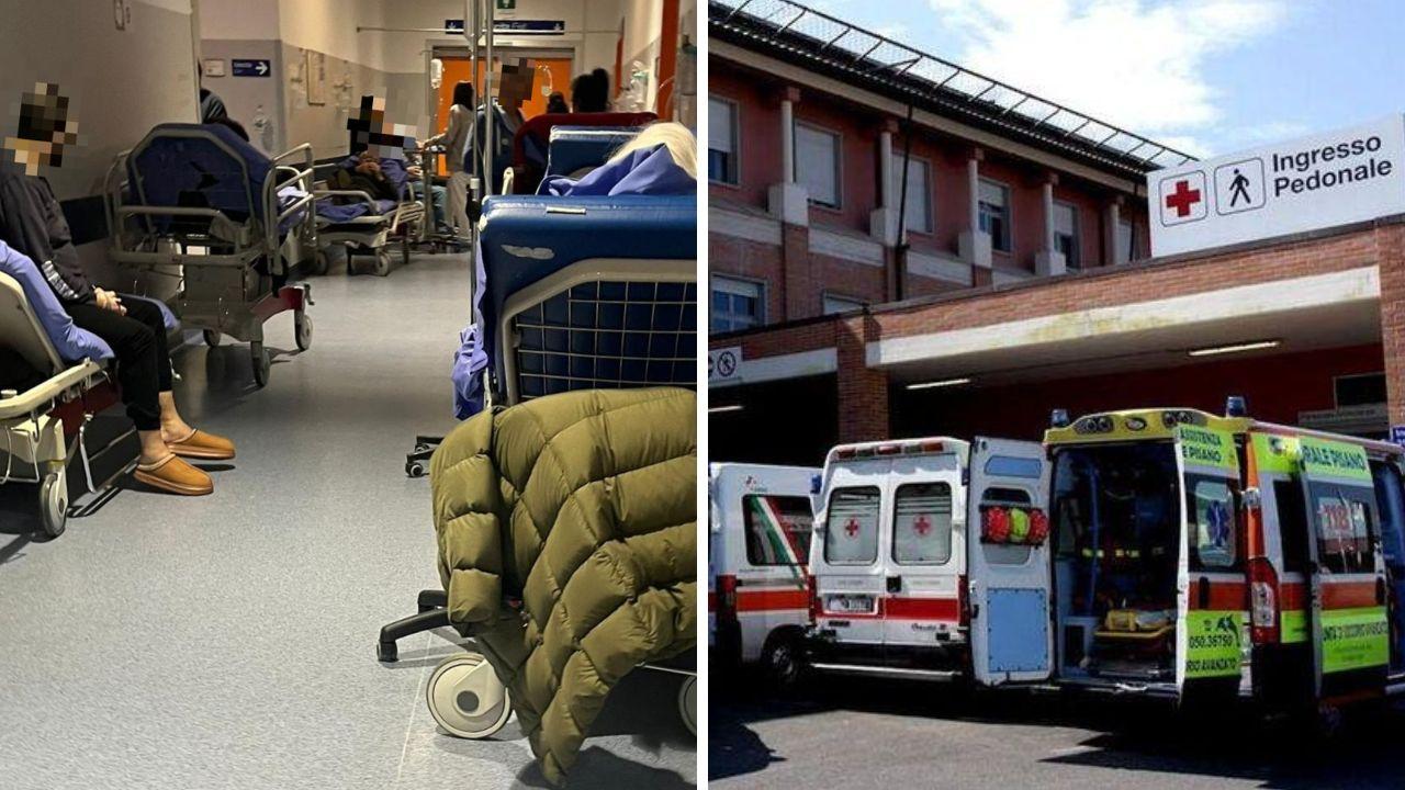 In alto a sinistra la situazione di martedì 21 gennaio in un corridoio del pronto soccorso di Cisanello, a destra, l’ingresso per le ambulanze